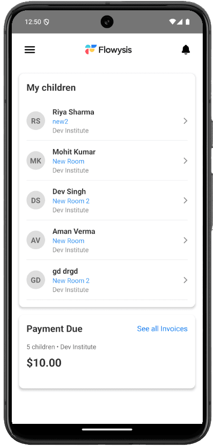 واجهة تطبيق الروضة المحمولة تعرض تغذية نشاط الطفل